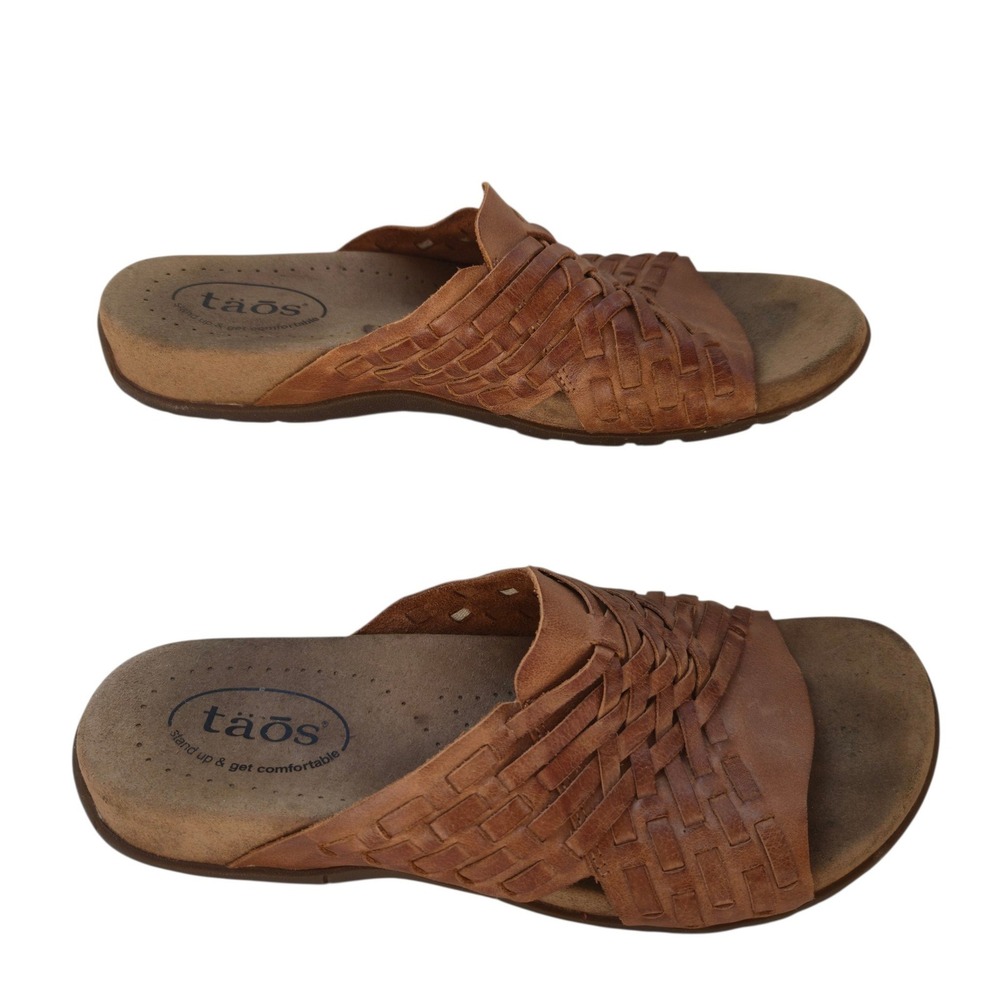Taos Guru Slides Sandals Women 9 Brown Leather Woven Strappy Comfort